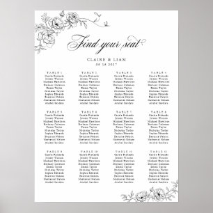 Elegant Scrip 12 Table Roses Wedding Seating Chart