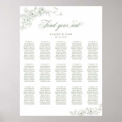 Elegant Scrip 15 Table Rose Wedding Seating Chart