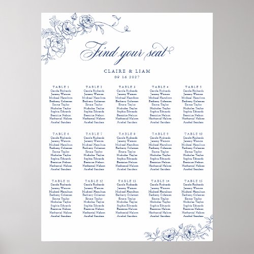 Elegant Scrip 15 Table Rose Wedding Seating Chart