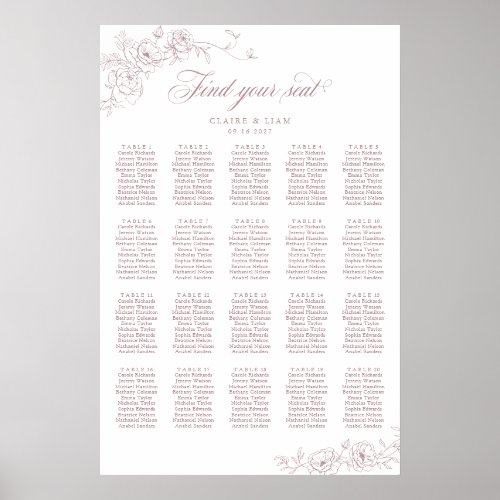 Elegant Scrip 20 Table Rose Wedding Seating Chart