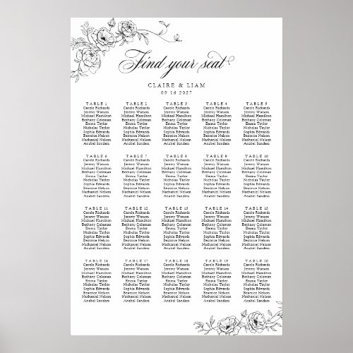 Elegant Scrip 20 Table Roses Wedding Seating Chart