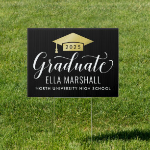 Elegant Script 2025 Graduate Gold Black Graduation Sign