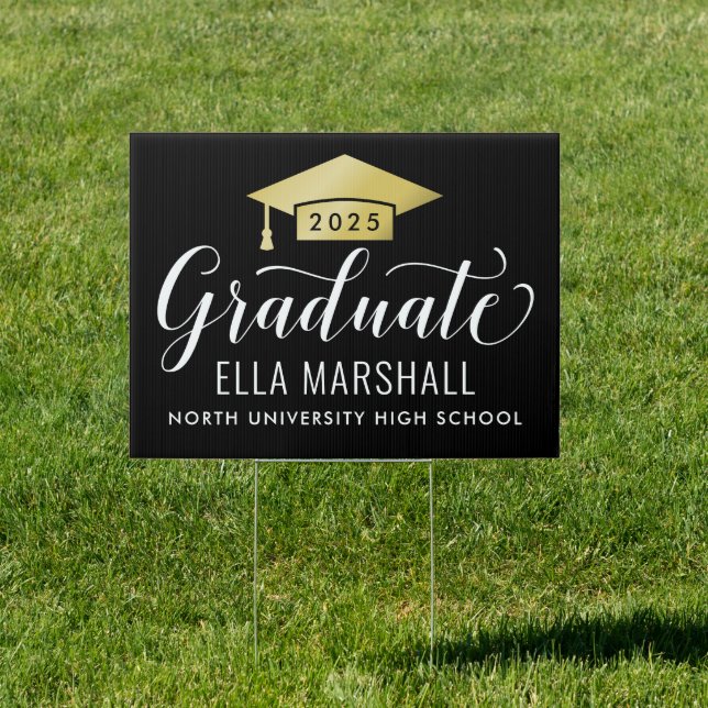 Elegant Script 2025 Graduate Gold Black Graduation Sign (Insitu)