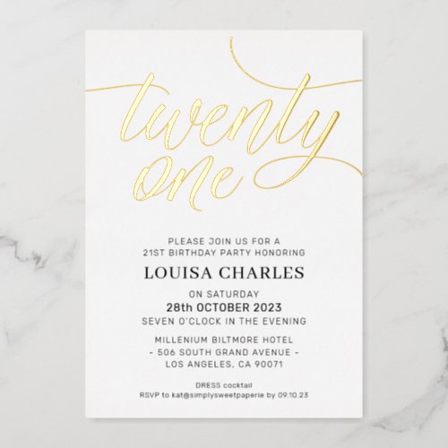 ELEGANT SCRIPT 21st birthday party stylish gold Foil Invitation