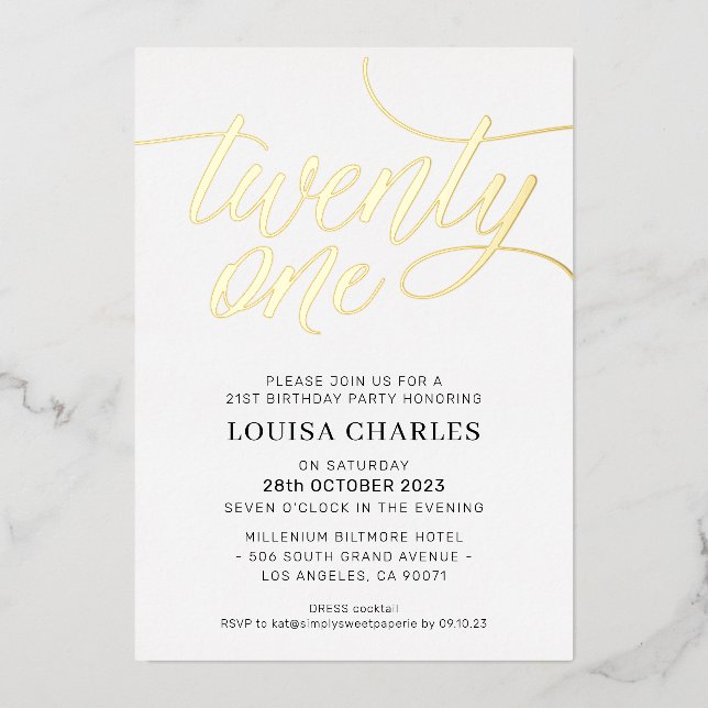 ELEGANT SCRIPT 21st birthday party stylish gold Foil Invitation (Front)