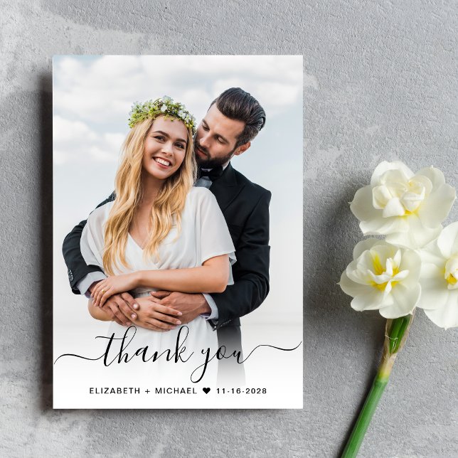 Elegant Script 2 Photo Dusty Blue Wedding Thank You Card (Celebrate your love story with a thank you card showcasing your favorite wedding day photos)