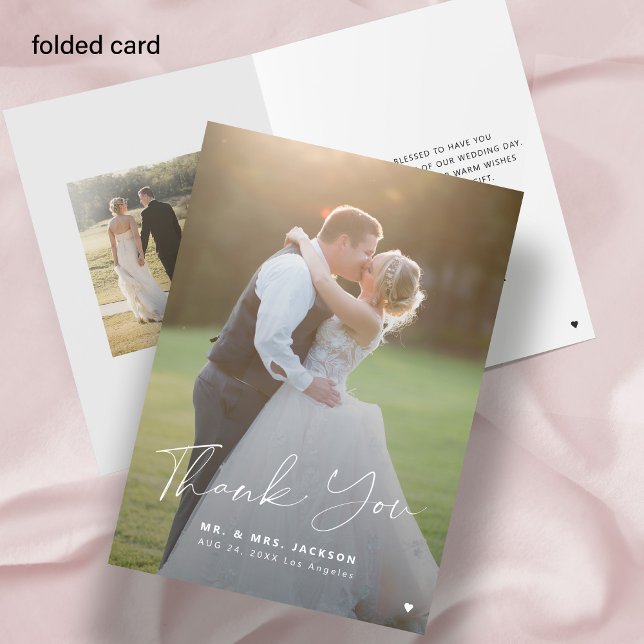 Elegant script 2 photo folded wedding letterpress thank you card (Creator Uploaded)