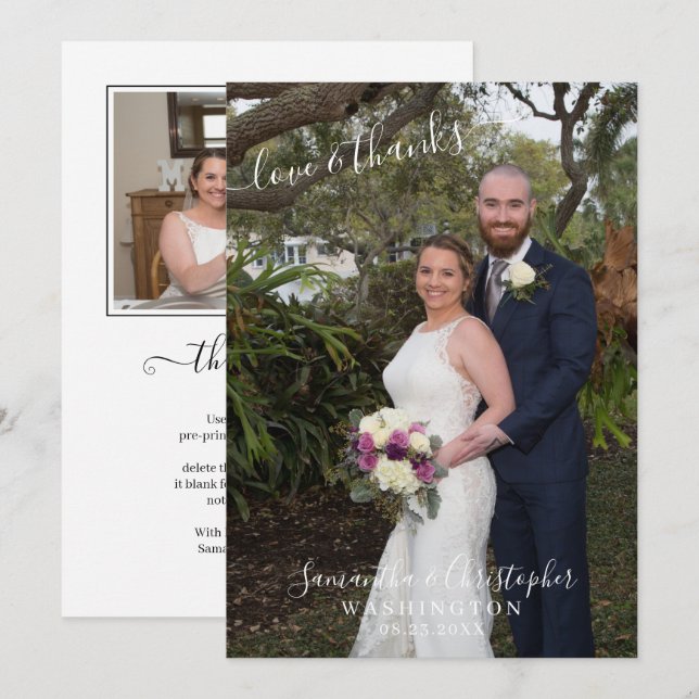 Elegant Script 2 Photo Love and Thanks Wedding Thank You Card (Front/Back)