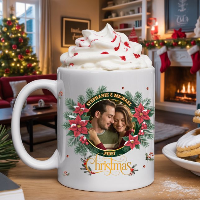 Elegant Script 2 photo Watercolor Christmas Wreath Coffee Mug (Creator Uploaded)