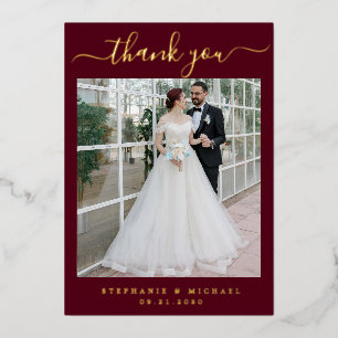 Elegant Script 2 Photo Wedding Burgundy Gold Foil Invitation