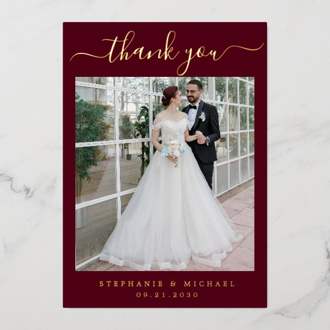 Elegant Script 2 Photo Wedding Burgundy Gold Foil Invitation (Front)