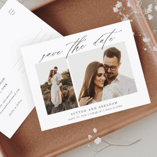 Elegant Script 2 Photo Wedding Save the Date Announcement Postcard (Creator Uploaded)