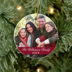 Elegant Script 2 Sided Photo Christmas Burgundy Ceramic Ornament