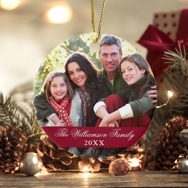 Elegant Script 2 Sided Photo Christmas Burgundy Ceramic Ornament (Customize to change text size or text style.)