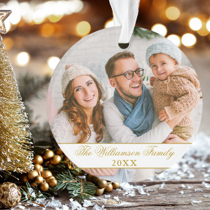 Elegant Script 2 Sided Photo Christmas Gold Ornament