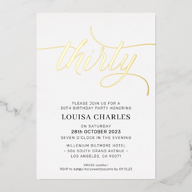 ELEGANT SCRIPT 30th birthday party stylish gold Fo Foil Invitation (Front)