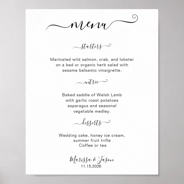Elegant Script 3 course Wedding Menu Poster | Zazzle