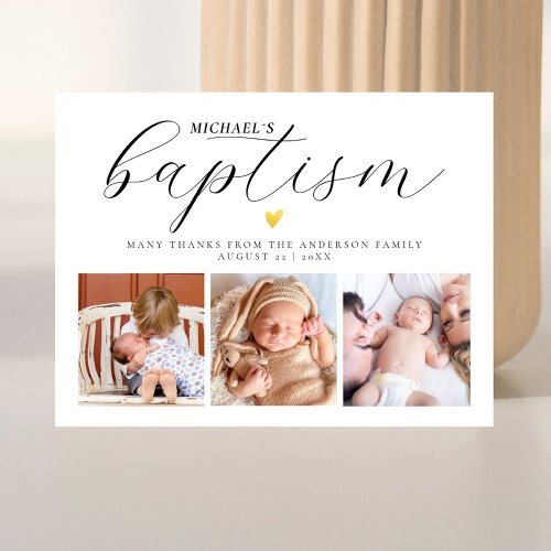 Elegant Script 3 Photo Baptism Thank You Postcard