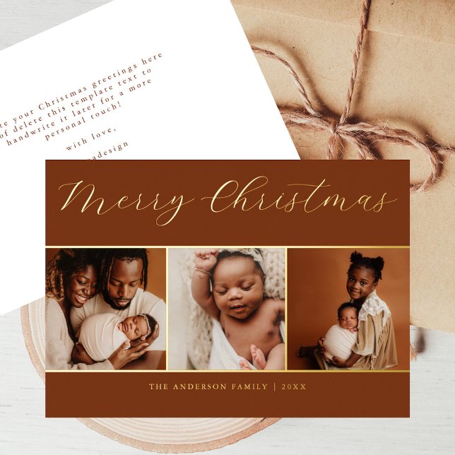 Elegant Script 3 Photo Beige Chocolate Christamas Foil Invitation (Creator Uploaded)