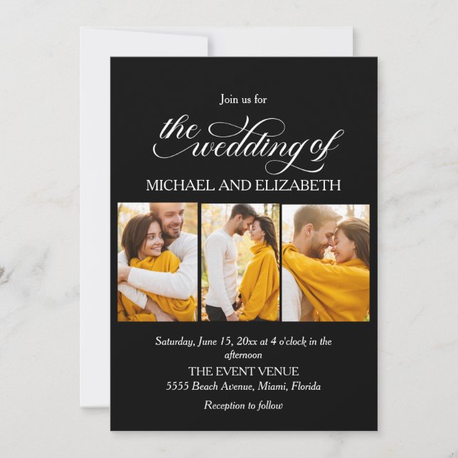Elegant Script 3 Photo Black White Wedding  Invitation (Front)