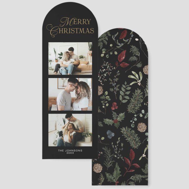Elegant Script 3 Photo Botanical Christmas Card Bookmarks (Front & Back)