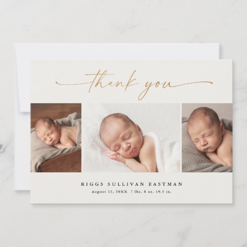 Elegant Script 3 Photo Collage Baby Thank You Card