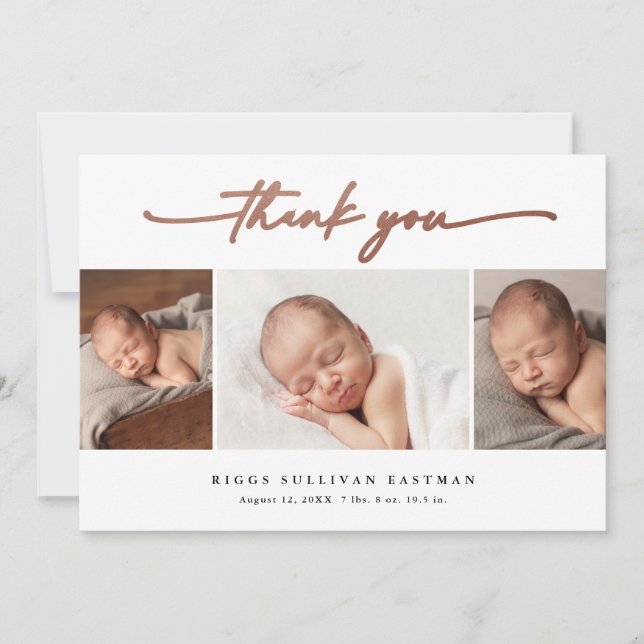 Elegant Script 3 Photo Collage Baby Thank You Card (Front)