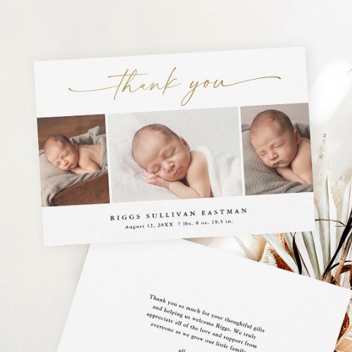 Elegant Script 3 Photo Collage Baby Thank You Card