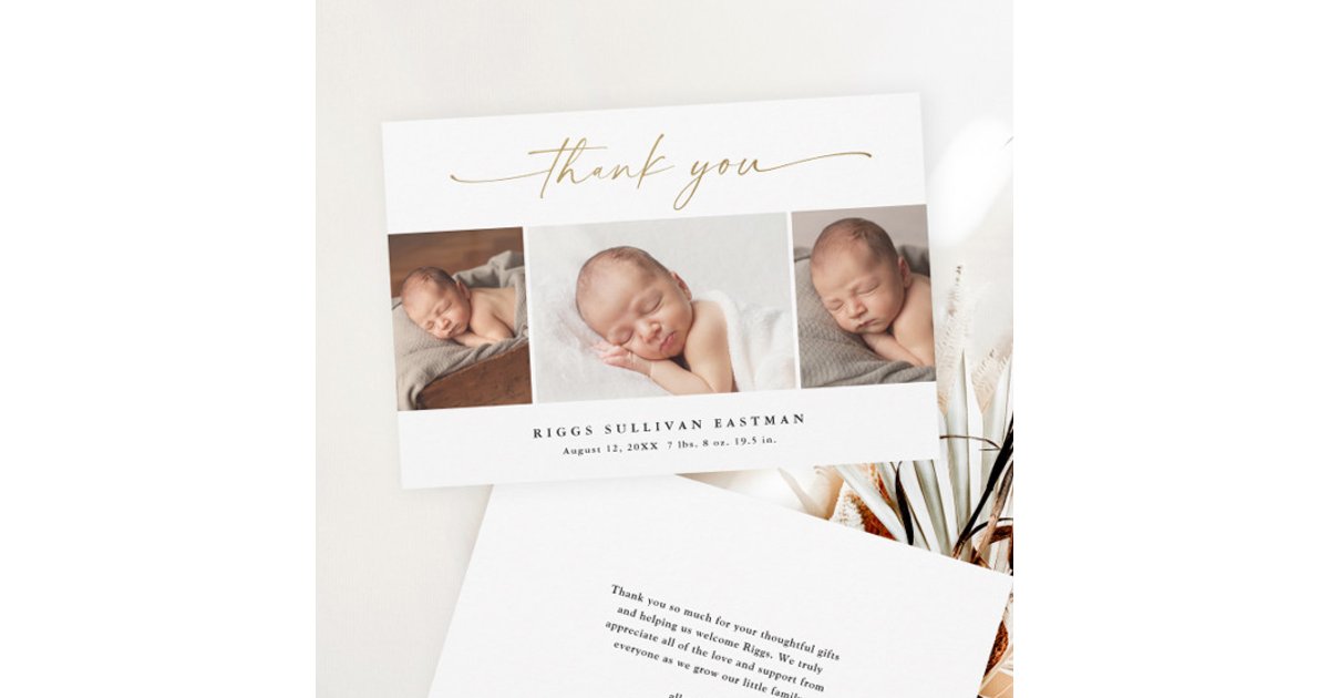 Elegant Script 3 Photo Collage Baby Thank You Card | Zazzle