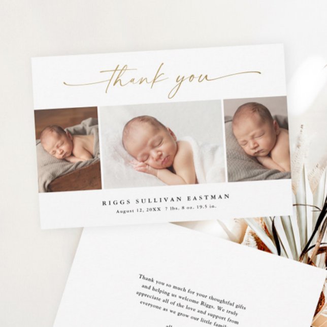 Elegant Script 3 Photo Collage Baby Thank You Card (Elegant gold script calligraphy 3 photo collage baby thank you card.)