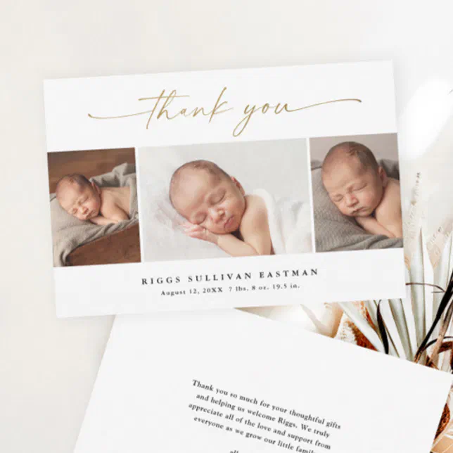 Elegant Script 3 Photo Collage Baby Thank You Card | Zazzle