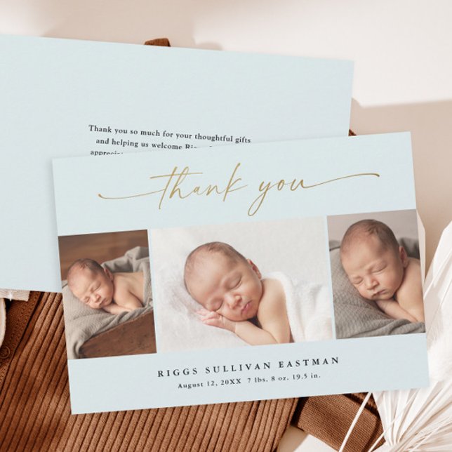 Elegant Script 3 Photo Collage Baby Thank You Card (Elegant gold script calligraphy 3 photo collage baby thank you card.)