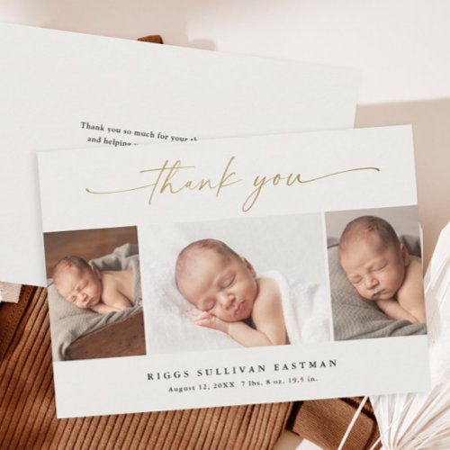 Elegant Script 3 Photo Collage Baby Thank You Card