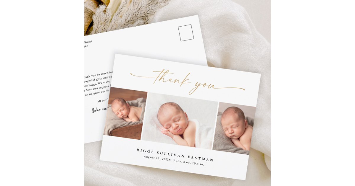 Elegant Script 3 Photo Collage Baby Thank You Postcard | Zazzle