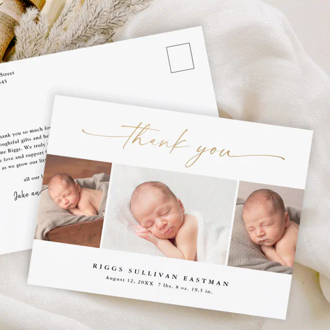 Elegant Script 3 Photo Collage Baby Thank You Postcard | Zazzle