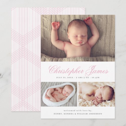 Elegant Script 3 Photo Collage Birth Announcement