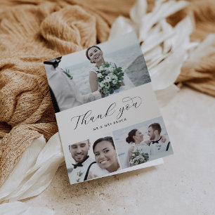Elegant Script 3 Photo Collage Folded Wedding Letterpress Thank You Card