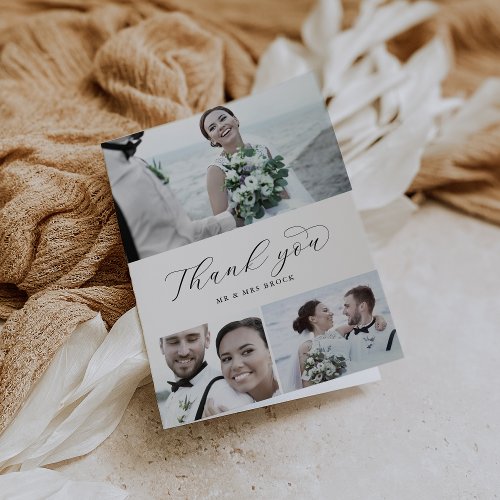 Elegant Script 3 Photo Collage Folded Wedding Thank You Card