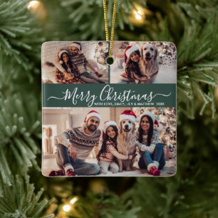 Elegant Script 3 Photo Collage Green Christmas Ceramic Ornament