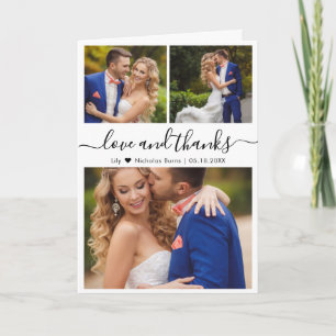 Elegant Script 3 Photo Collage Heart Wedding  Letterpress Thank You Card