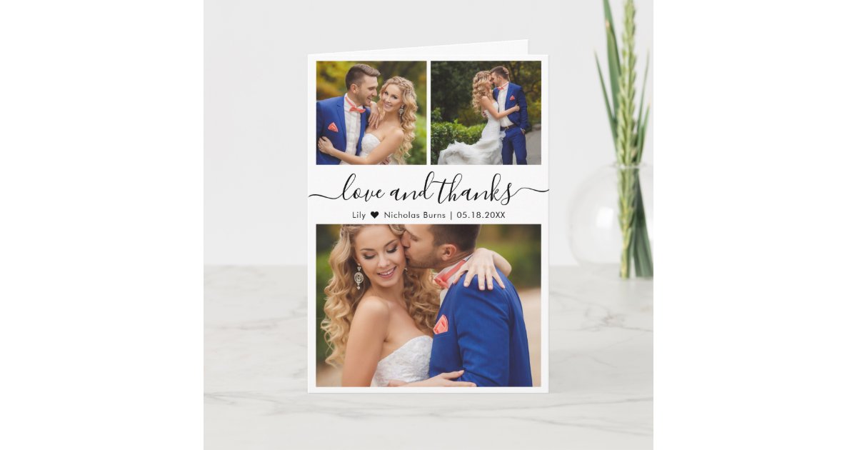 Elegant Script 3 Photo Collage Heart Wedding Thank You Card | Zazzle