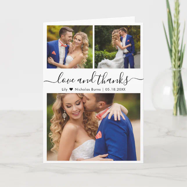 Elegant Script 3 Photo Collage Heart Wedding Thank You Card | Zazzle