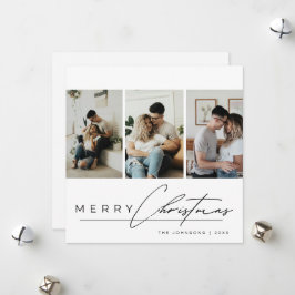 Elegant Script 3 Photo Collage Merry Christmas Holiday Card