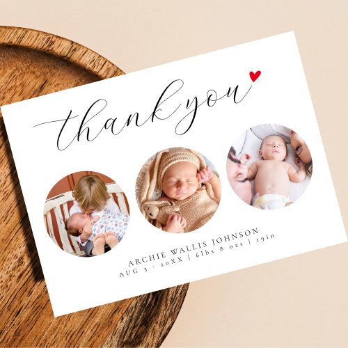 Elegant Script 3 Photo Collage New Baby Thank You Card