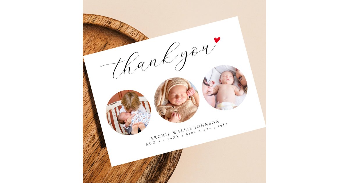 Elegant Script 3 Photo Collage New Baby Thank You Card | Zazzle