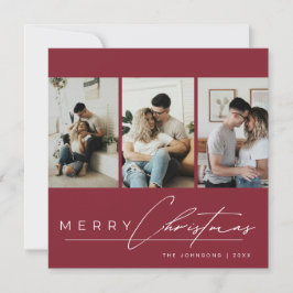 Elegant Script 3 Photo Collage Red Merry Christmas Holiday Card