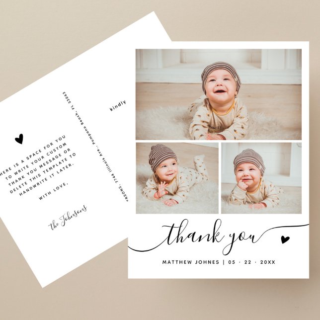 Elegant Script 3 Photo Collage Thank You Baby Postcard (Creator Uploaded)
