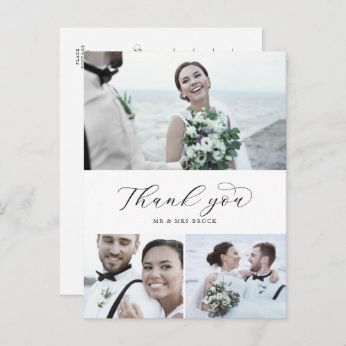 Elegant Script 3 Photo Collage Wedding Thank You P Postcard