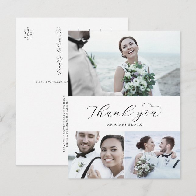Elegant Script 3 Photo Collage Wedding Thank You P Postcard (Front/Back)
