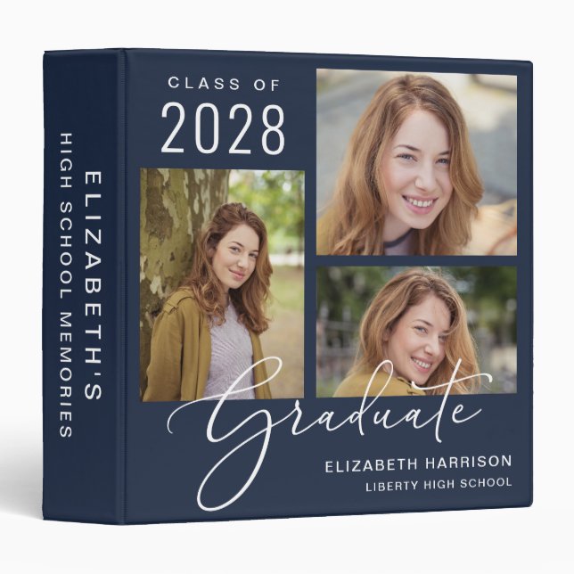 Elegant Script 3 Photo Graduation Blue Ring Binder (Front/Spine)